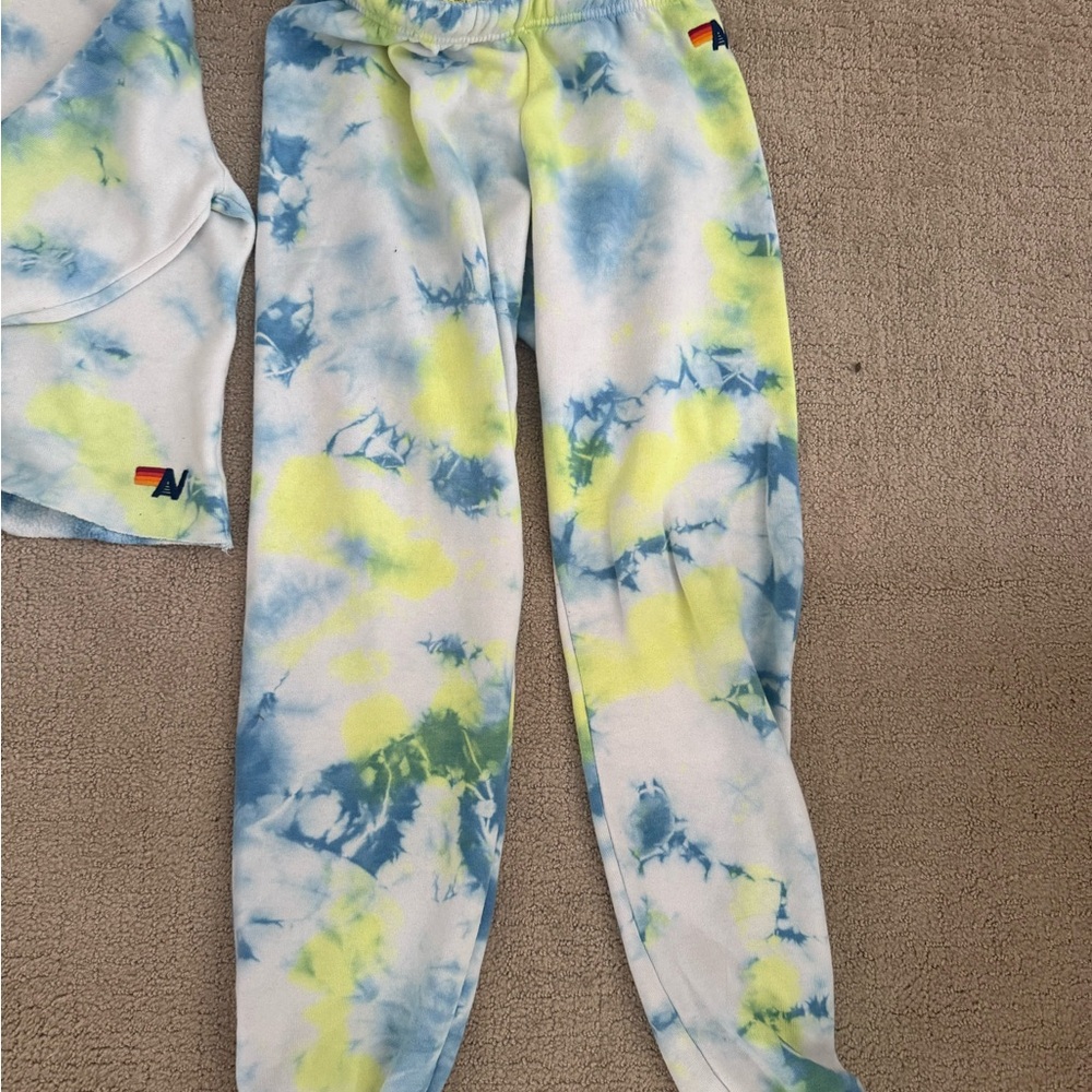 Aviator Nation Blue and Yellow Tie-Dye Cropped Hoodie and Joggers